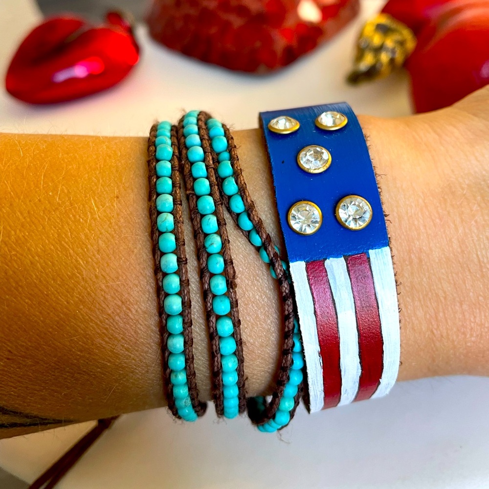 Thin leather American Flag bracelet cuff